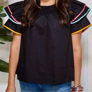 Elegant Black Blouse with Multicolor Ruffle Sleeves
